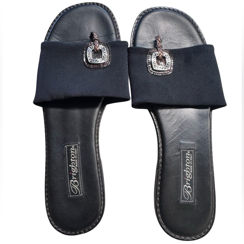 Brighton Lilian Made in Italy Black Slide Sandals w/ Silver metal Charm
